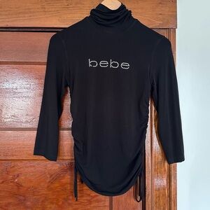 Y2K Bebe Rhinestone Logo Mock Neck Top Size Medium Black Ruched Bedazzled Bling